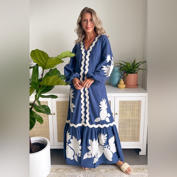 Farm rio for  Anthropologie Embroidered Maxi Dress Long Sleeve V Neck Blue - Picture 1 of 15